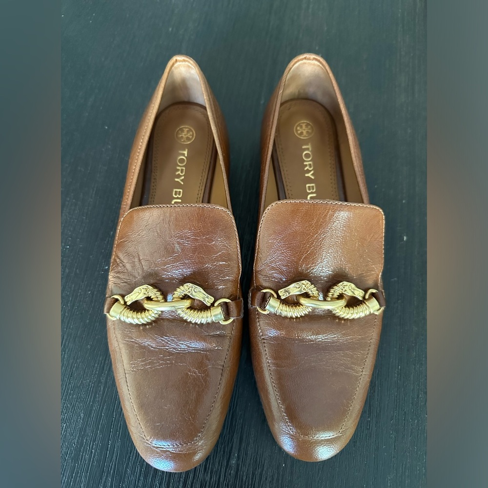 Tory Burch Women's Brown and Khaki crumpled leather Loafers sz 8 moccasins shoe